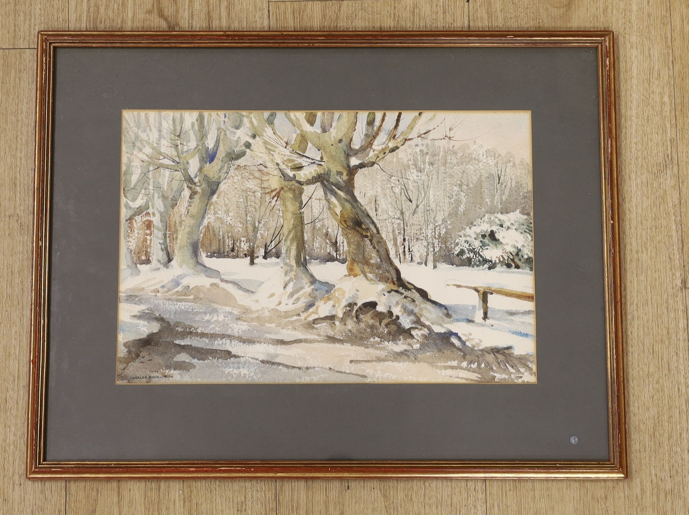 Charles Patrickson (20th C.), watercolour, Woodland in winter, signed, 24 x 36cm